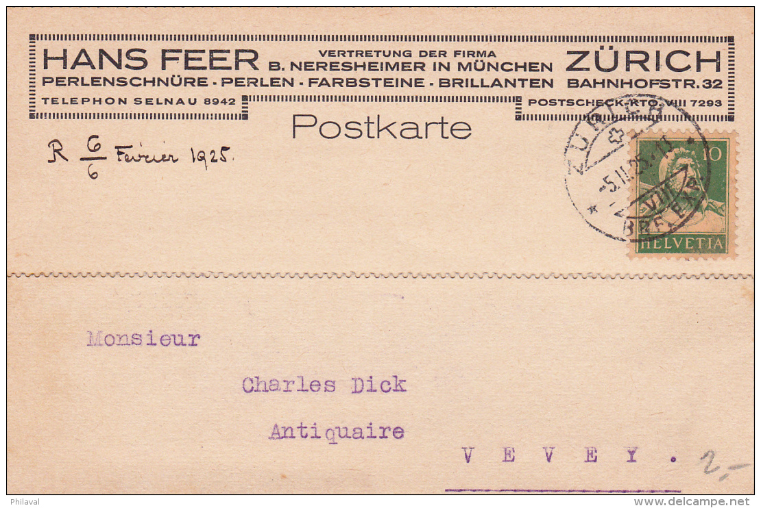 Carte Commerciale Réponse De La Firme Hans Feer - Zürich - Perlenschnüre .Perlen.Farbsteine.Brillanten - 1925 - Collections