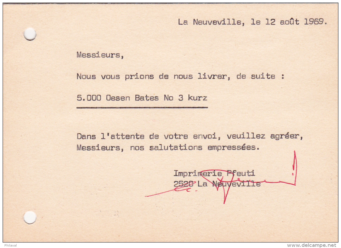 Carte Commerciale Réponse De La Firme Imprimerie Roger Pfeuti - La Neuveville - 1969 - Flamme 23 24 August Biel - Collections
