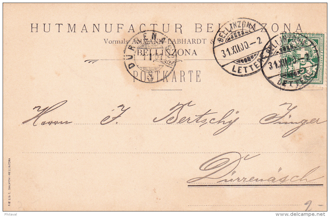 Carte Commerciale  De La Firme Hutmaufacture Bellinzona - 1900 - Lotes/Colecciones