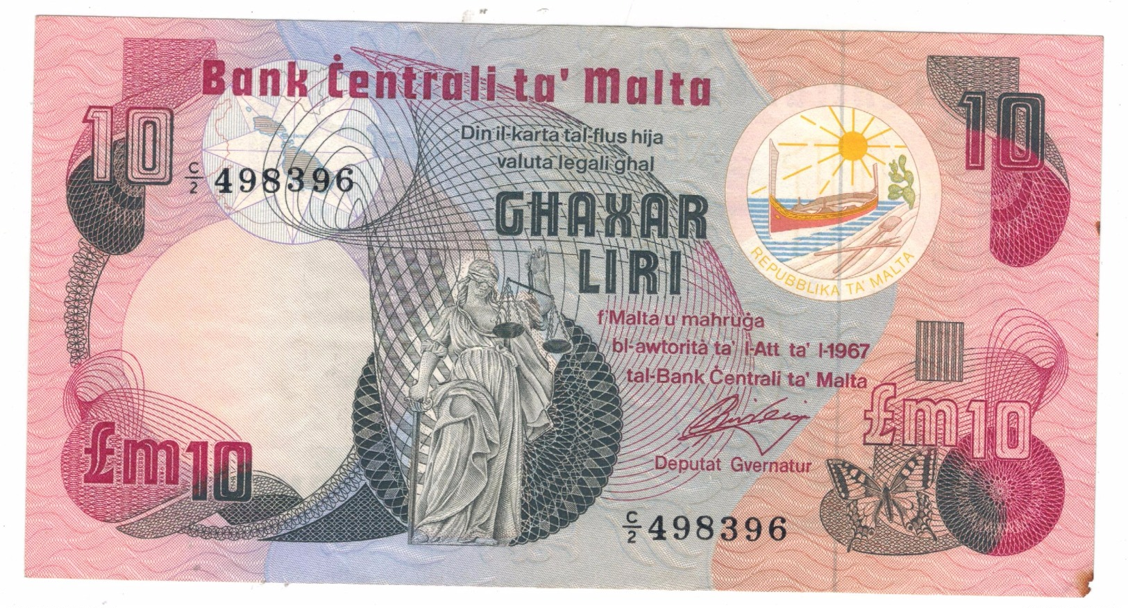 Malta 10 Liri.  XF (lit. Damage In A Corner) .  Free Ship. To U.S.A. - Malta