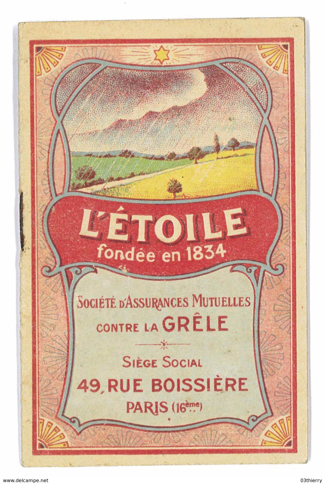 CARNET OFFERT PAR L'ETOILE SOCIETE D'ASSURANCES MUTUELLES CONTRE LA GRELE Non Ecrit - Banque & Assurance