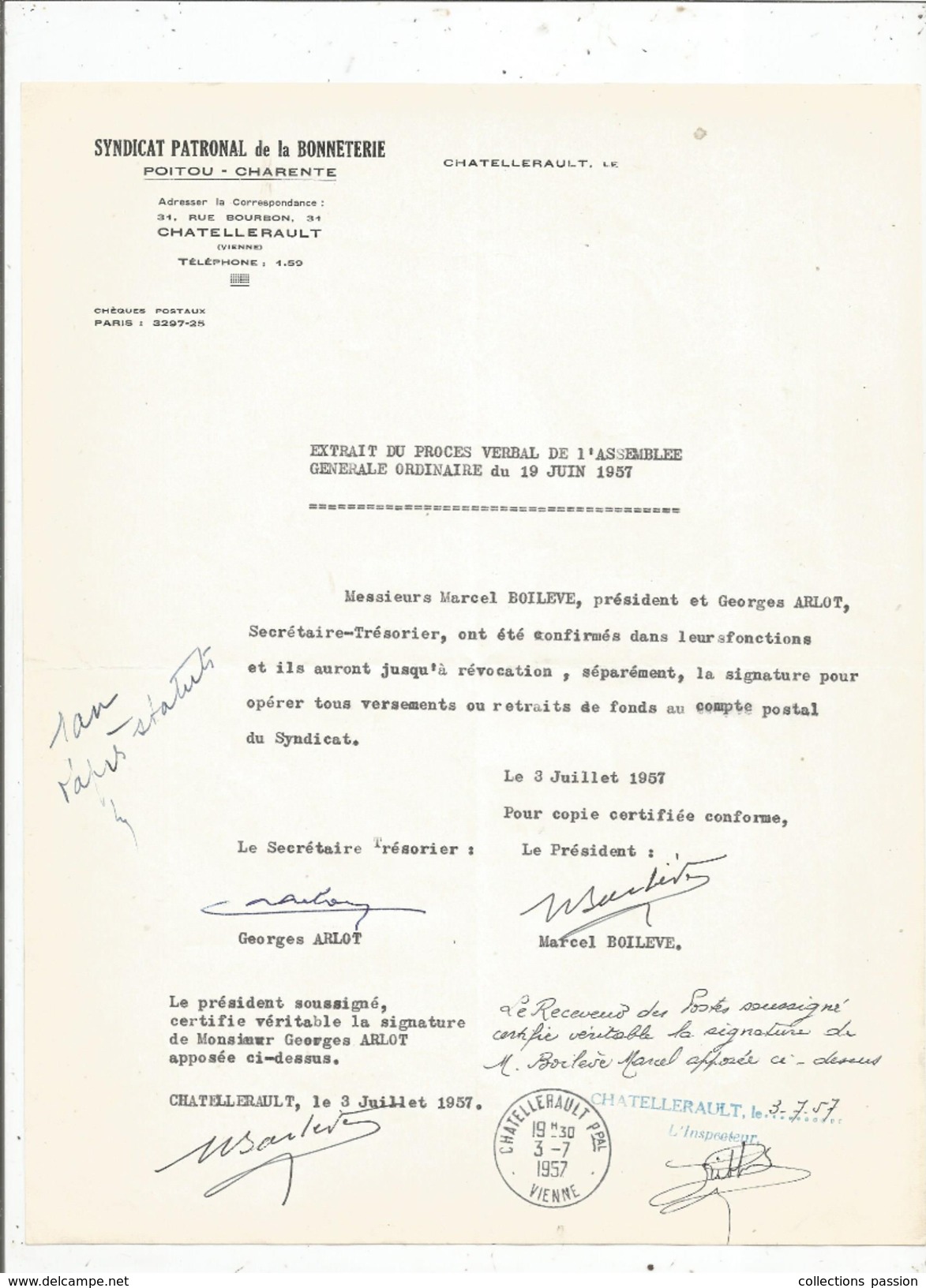Assemblée Générale , Syndicat Patronal De La Bonneterie , Chatellerault , 1957 , Frais Fr : 1.55 Euros - 1950 - ...