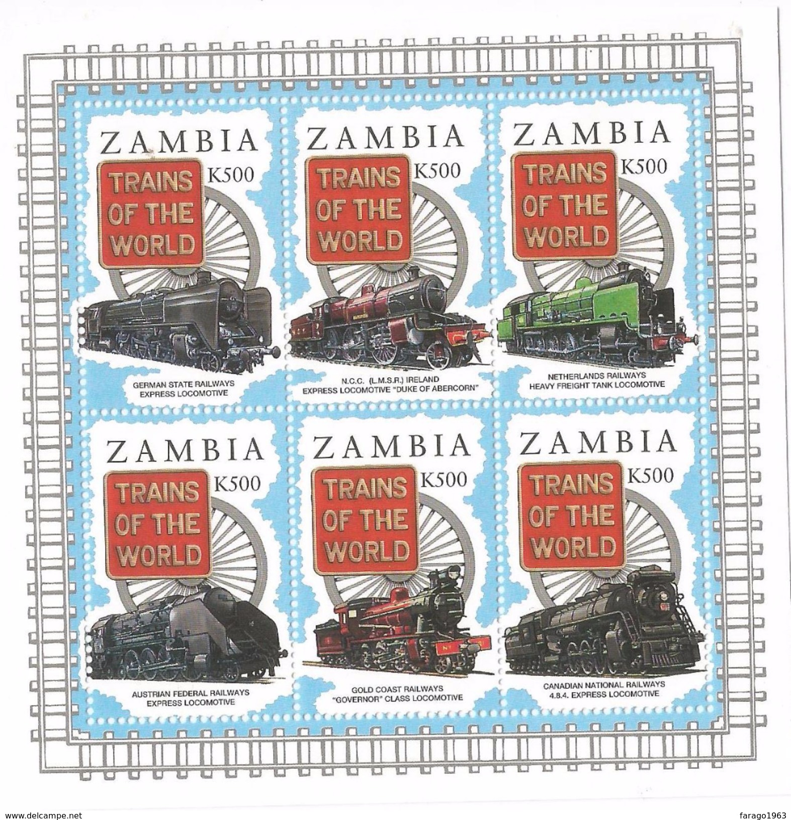 1997 Zambia Railway Trains Of The World Complete Set Of 6+ 3 Sheets MNH - Zambia (1965-...)