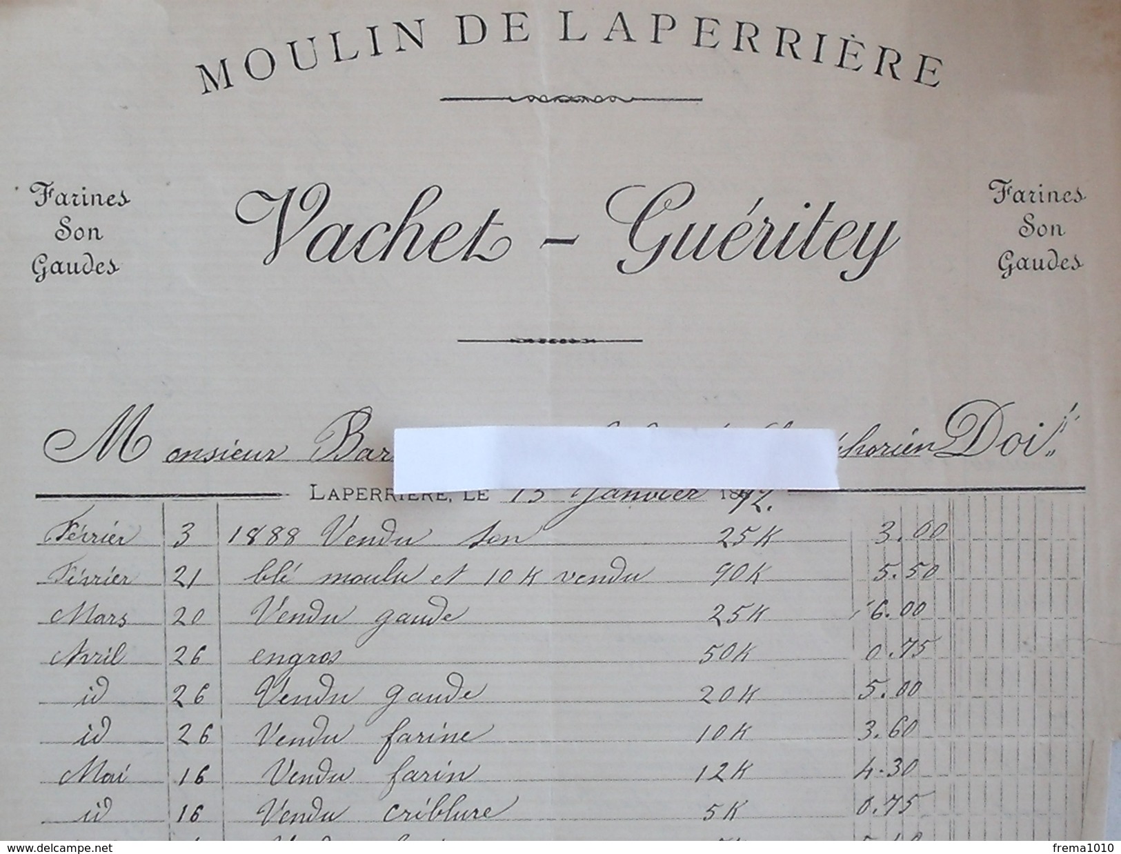 LAPERRIERE (21): Lot 3 Facture Différente 1892 à 1901 Moulin à Cylindre - MITAINE VACHET GUERITEY - Farine Son - LOSNE - 1900 – 1949