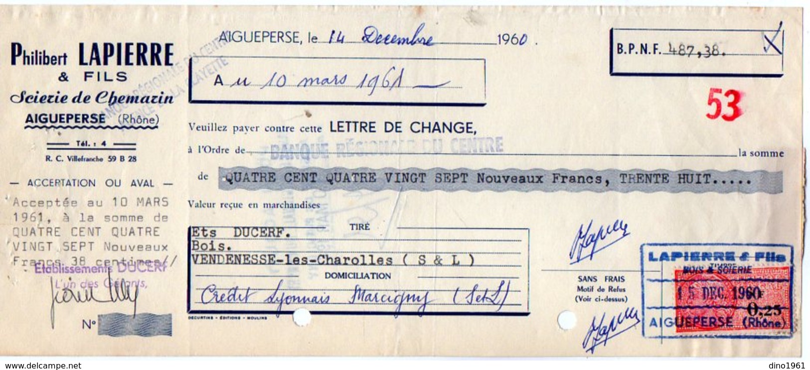 VP10.158 - Lettre De Change - Philibert LAPIERRE & Fils Scierie De Chemazin - AIGUEPERSE - Bills Of Exchange