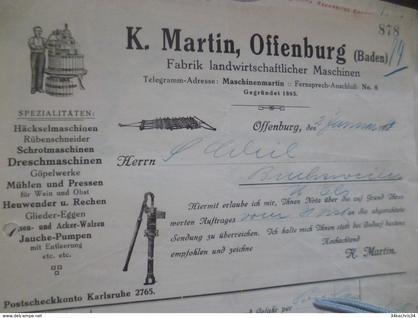 Facture Illustrée Allemagne Deutschland Offenburg 1914 K.Martin Fabrik Landwirtschafticher Maschinen Agriculture - 1900 – 1949