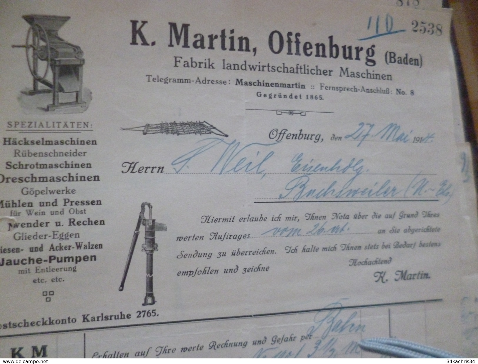 Facture Illustrée Allemagne Deutschland Offenburg 1914 K.Martin Fabrik Landwirtschafticher Maschinen Agriculture - 1900 – 1949