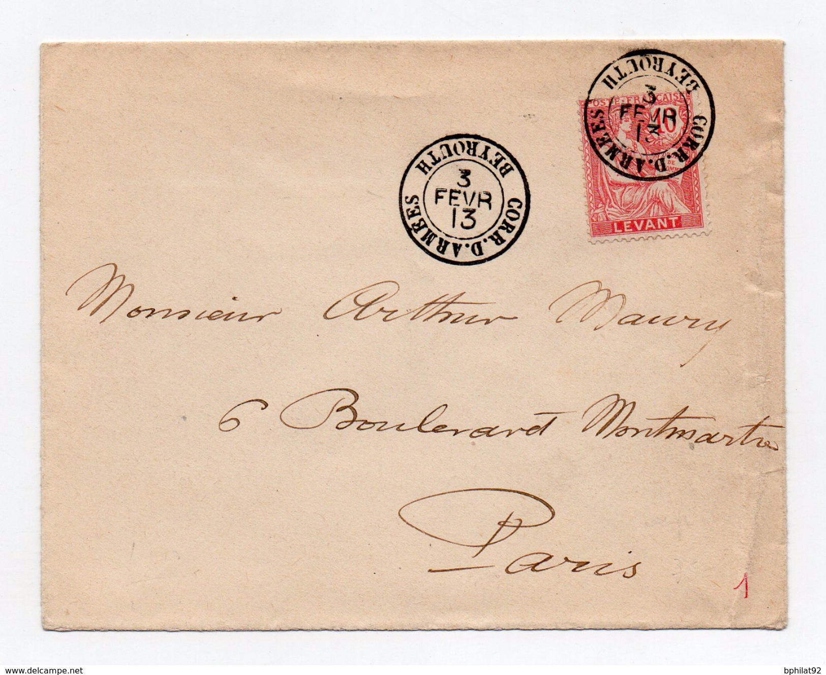 !!! TYPE MOUCHON DU LEVANT SUR LETTRE POUR PARIS CACHET CORR; D'ARMEES BEYROUTH DU 3/2/1913 - Brieven En Documenten