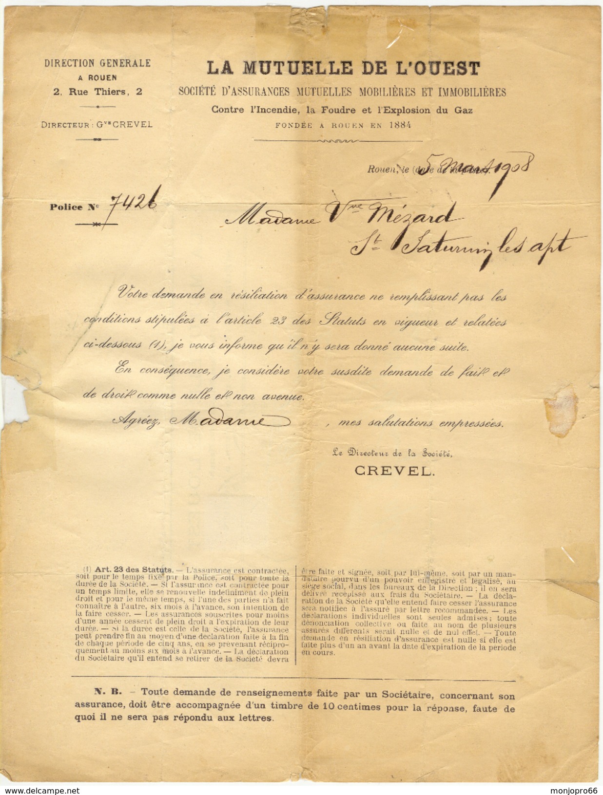 Document Recto-verso De La Mutuelle De L'Ouest De Rouen De 1908 - Non Classés