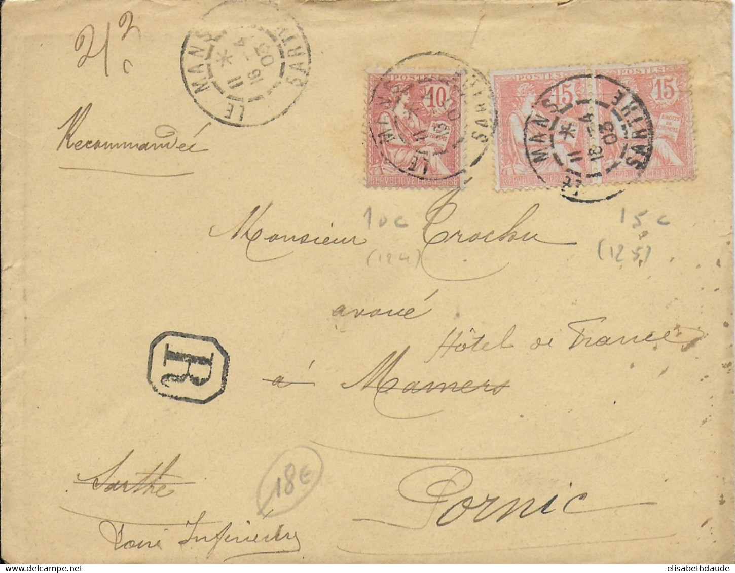 1903 - TYPE MOUCHON - ENVELOPPE RECOMMANDEE De LE MANS (SARTHE) => PORNIC - 1900-02 Mouchon