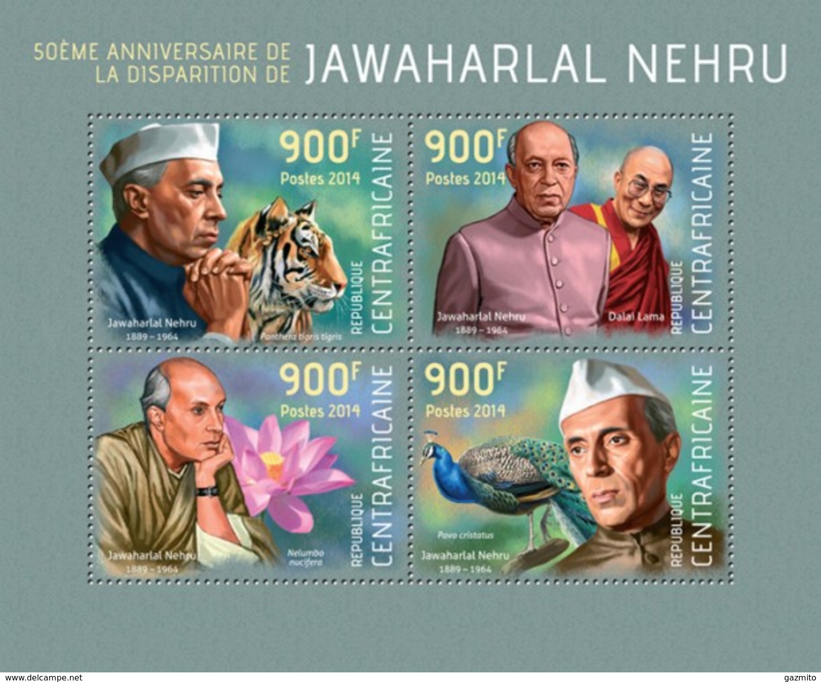 Centrafrica 2014, J. Nehru, Tiger, Peacock, 4val In BF - Pauwen