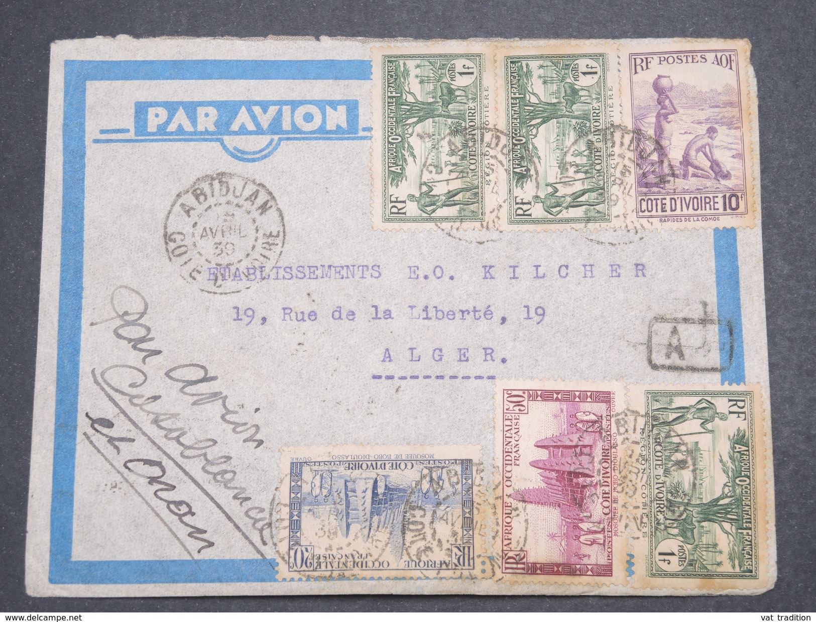 FRANCE / COTE D 'IVOIRE - Enveloppe De Abidjan Pour Alger En 1939 , Affranchissement Plaisant - L 7530 - Lettres & Documents