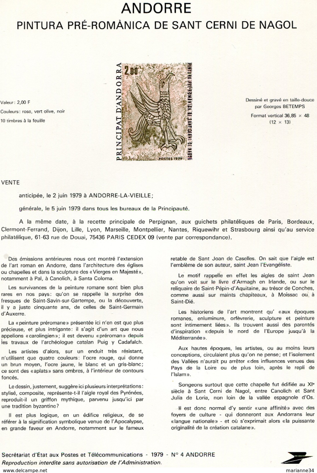 Andorre-1979-document De La Poste-fresque Romane De L'église De St Cerni De Nagol ( N°4) - Covers & Documents