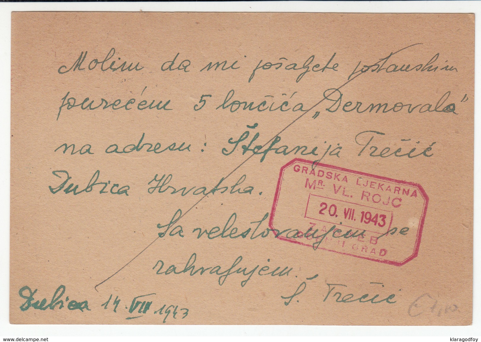 Croatia WWII NDH Postal Stationery Postcard Travelled 1943 Dubica To Zagreb B170520 - Croatia