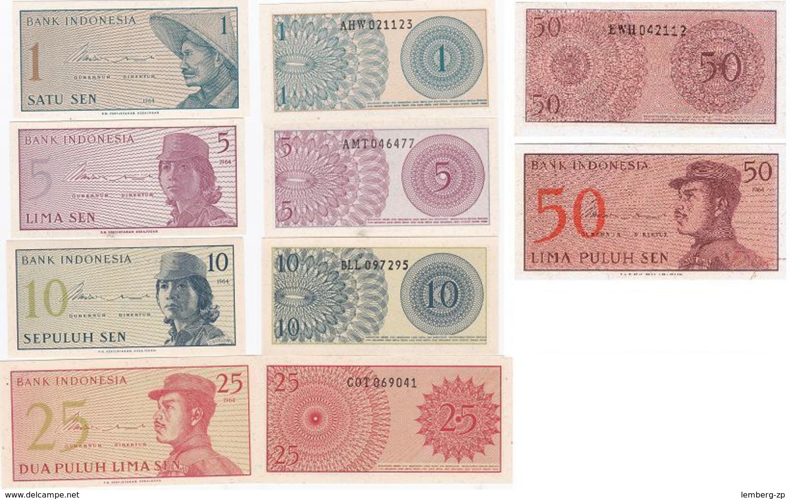 Indonesia - 1 5 10 25 50 Sen 1964 UNC Set 5 Banknotes Lemberg-Zp - Indonésie