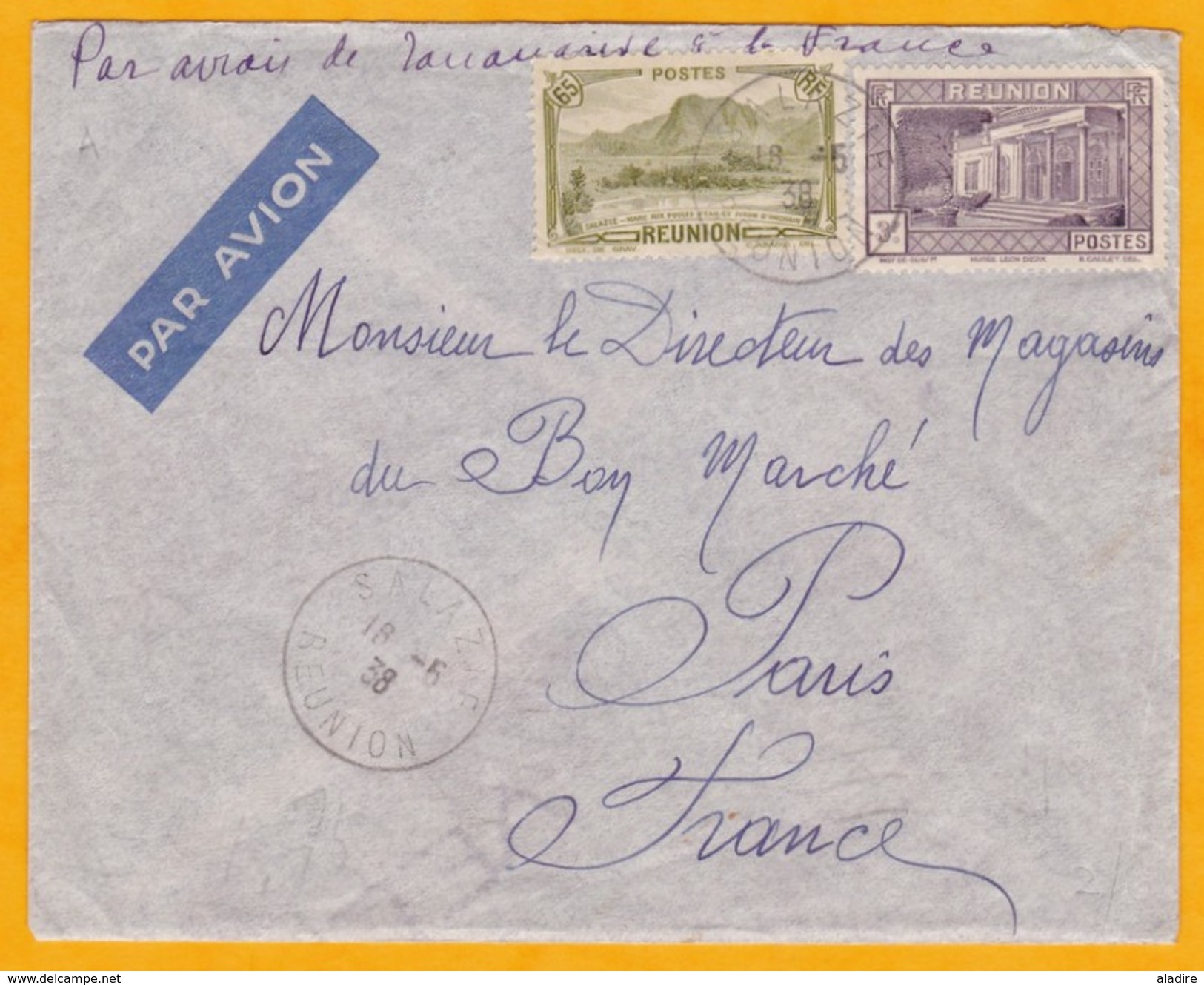 1938 - Enveloppe Par Avion De Salazie Vers Paris Via Pointe Des Galets, Tananarive Et Marseille - Lettres & Documents