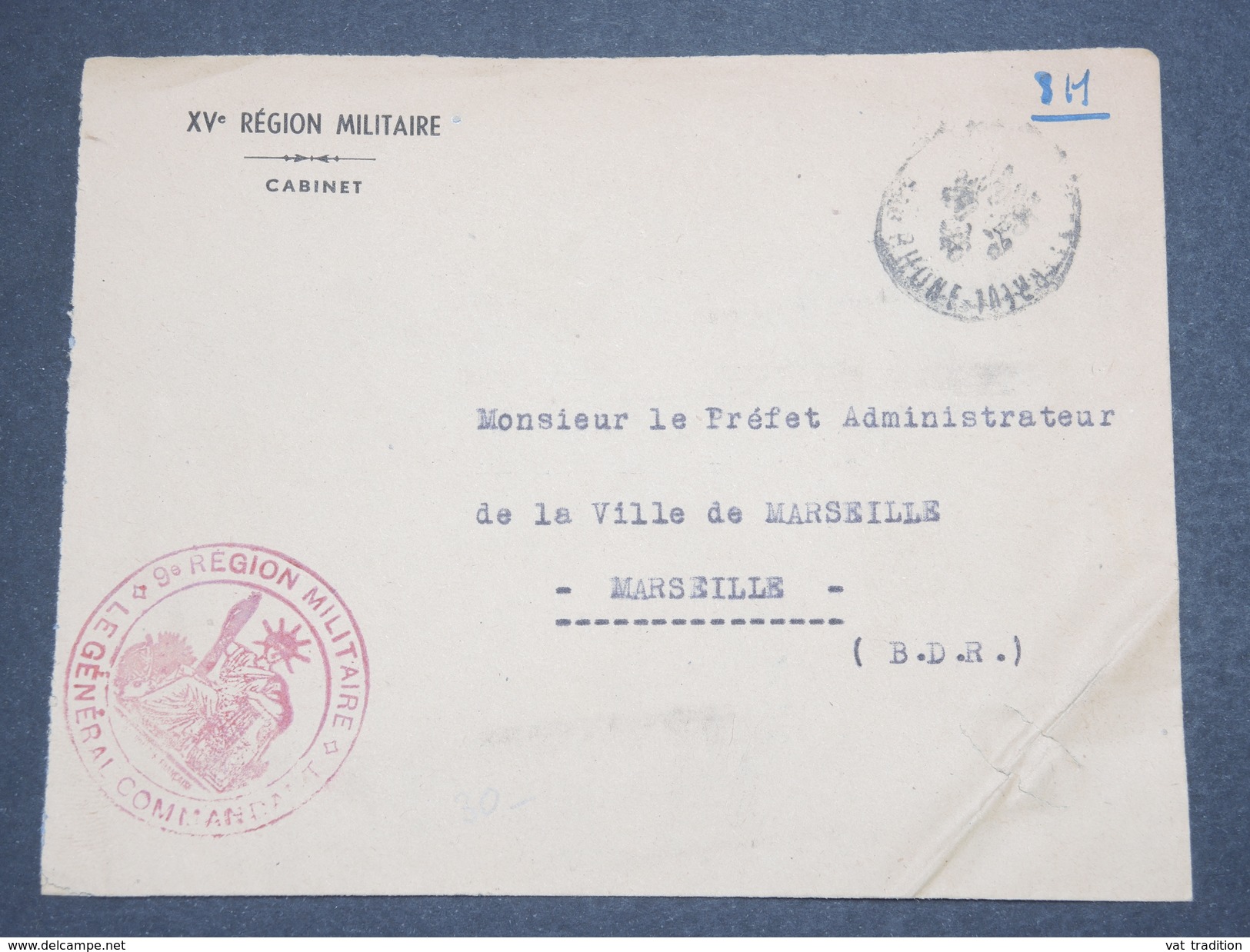 FRANCE - Enveloppe En Franchise Du Général De La 9 ème Région Militaire Pour Marseille - L 7551 - Cachets Militaires A Partir De 1900 (hors Guerres)