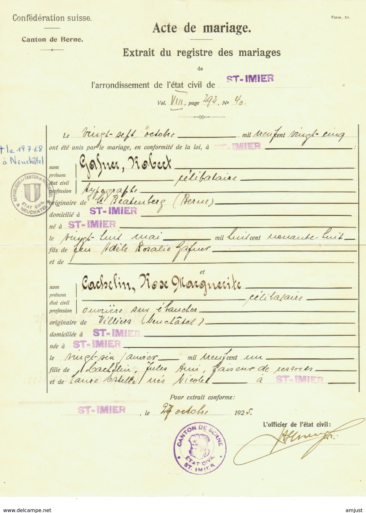 Suisse // Schweiz // Switzerland //  Acte De Mariage - Documents Historiques