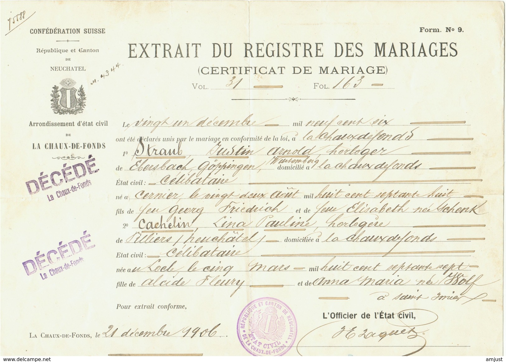 Suisse // Schweiz // Switzerland //  Extrait Du Registre Des Mariages (certificat De Mariage) - Documents Historiques