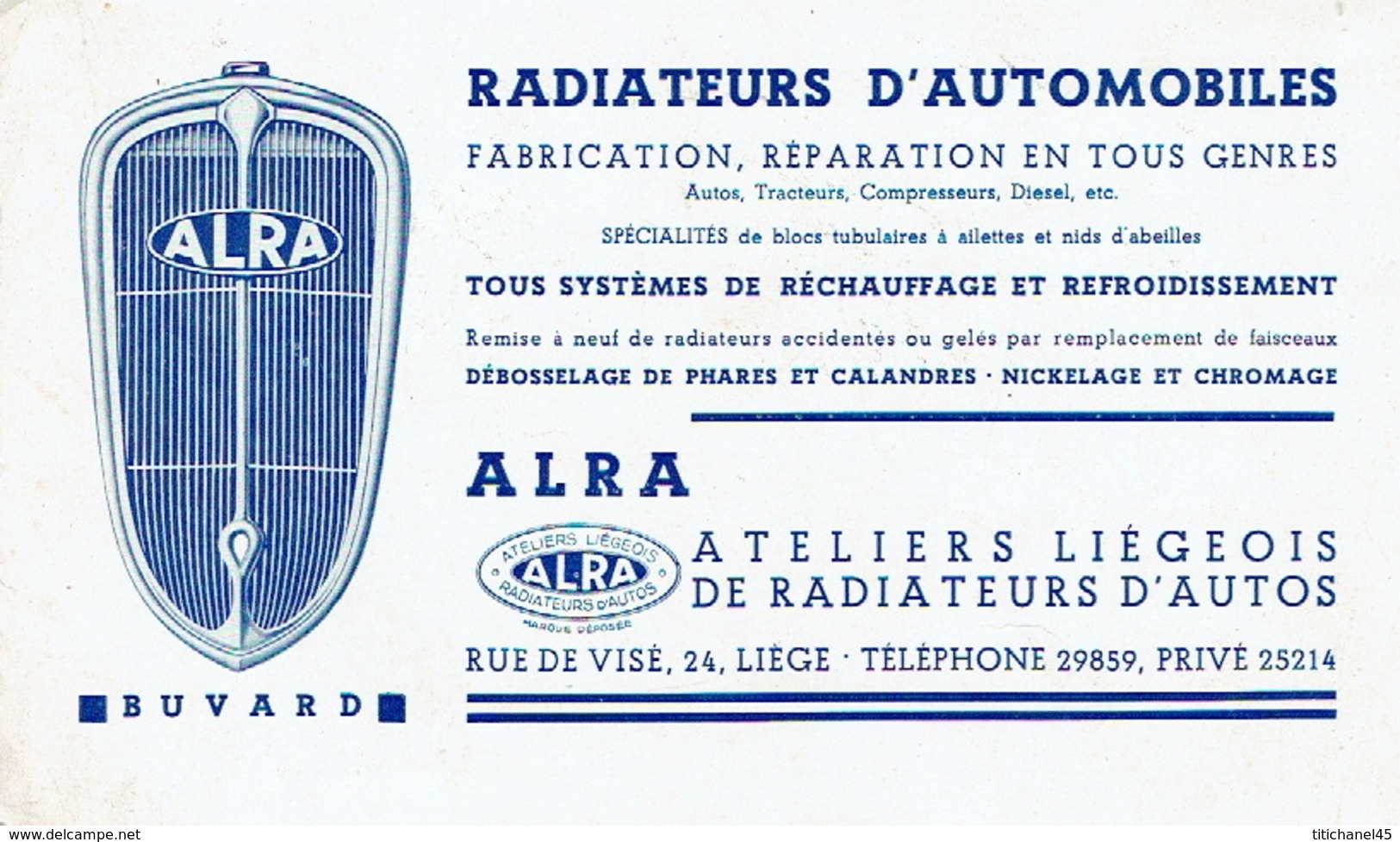 BUVARD Publicitaire ATELIERS LIEGEOIS DE RADIATEURS D'AUTOS "ALRA"-Fabrication Radiateurs Autos, Tracteurs, Compresseurs - Automobile