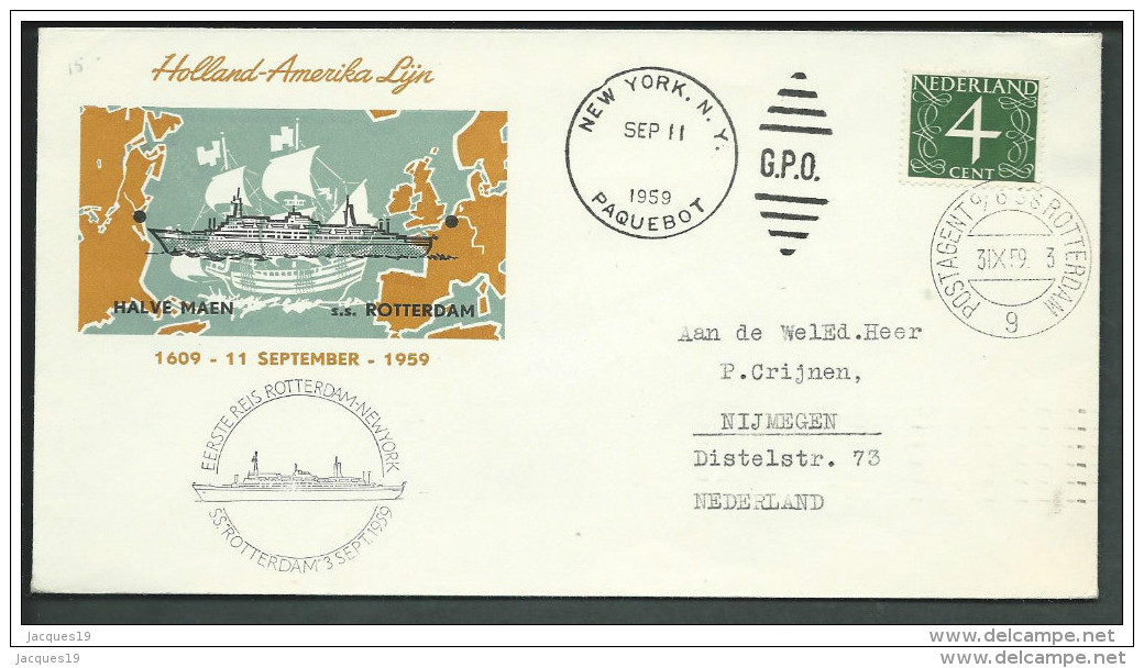 Nederland Envelop Tgv 350 Jaar Verbinding Holland-Amerika 1959 Via Paquebot. In 1609 Met Halve Maen - Storia Postale