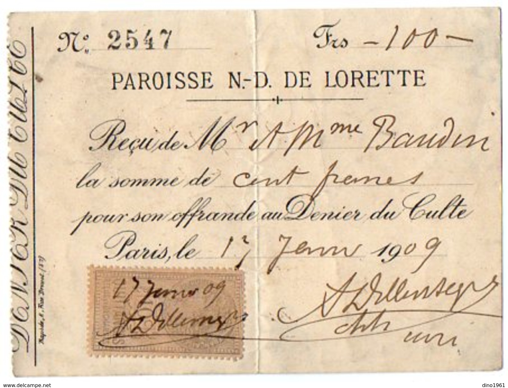 VP10.164 - PARIS - Reçu - Paroisse N - D. De Lorette - Religion &  Esoterik