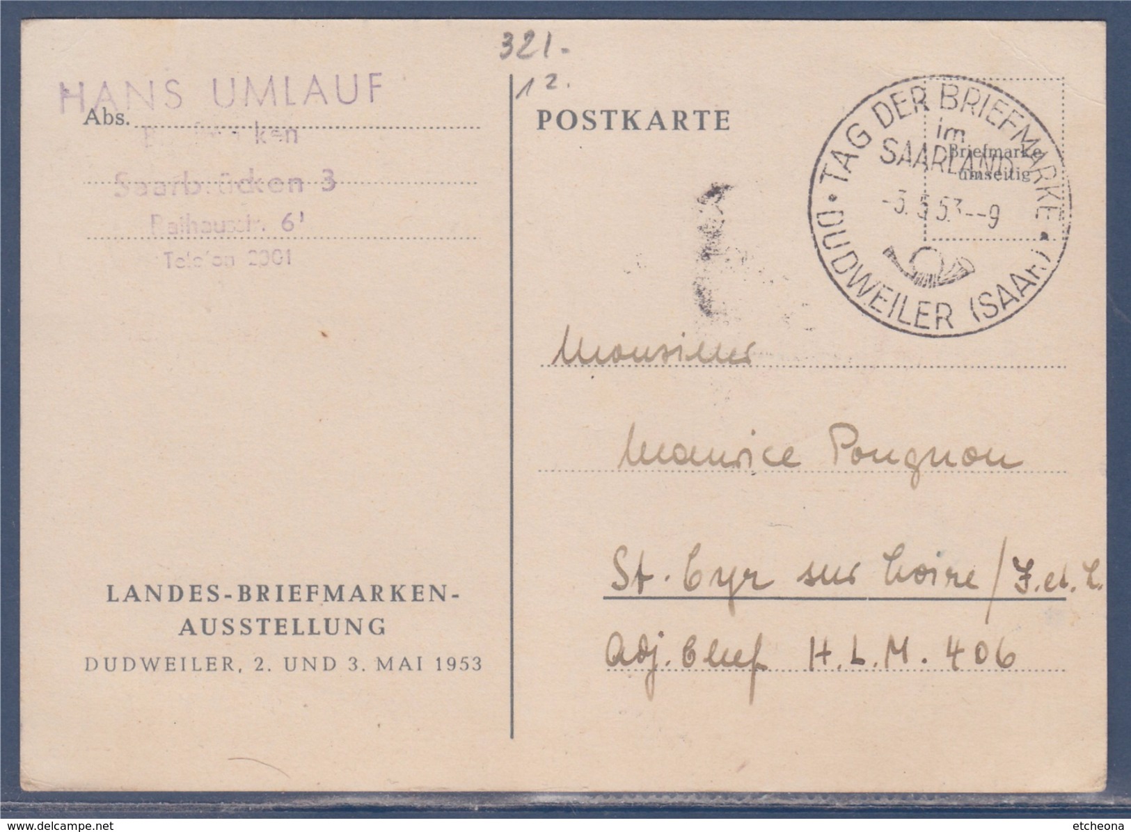 = Journée Du Timbre 1953 Carte Postale 1er Jour N°321 Dudweiler 3.5.53 - FDC