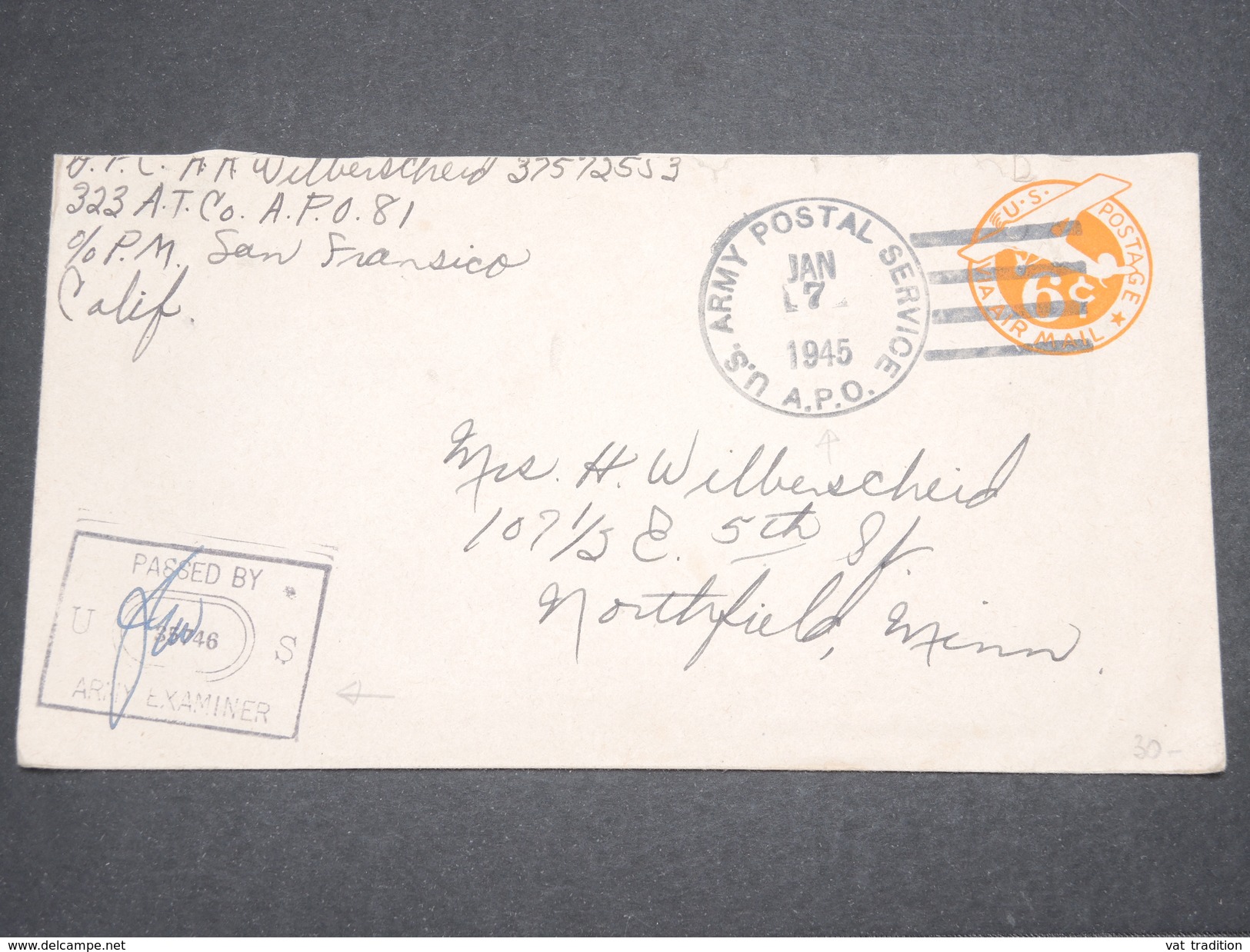 ETATS - UNIS - Entier Postal Militaire De San Fransisco Pour Northfield En 1945 Avec Contrôle Postal - L 7602 - 1941-60