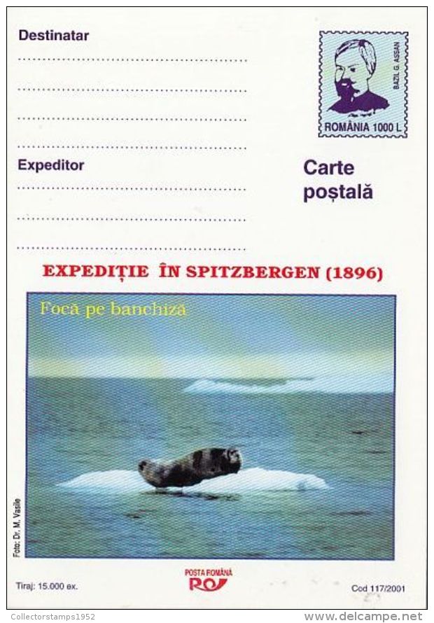 60380- SEAL ON AN ICE SHELF, SVALBARD, ARCTIC EXPEDITION, POSTCARD STATIONERY, 2001, ROMANIA - Arctische Expedities