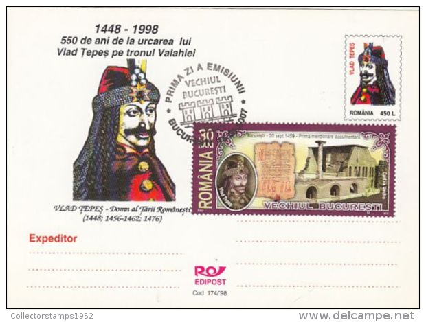 60460- VLAD THE IMPALER, DRACULA, CASTLE, LEGENDS, POSTCARD STATIONERY, OBLIT FDC, 2007, ROMANIA - Märchen, Sagen & Legenden