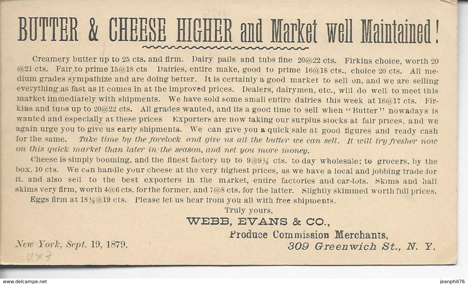 Cpep Publicitaire 1879 Butter &cheese Higher And Market Maintained Webb Evans & Co - Sonstige & Ohne Zuordnung