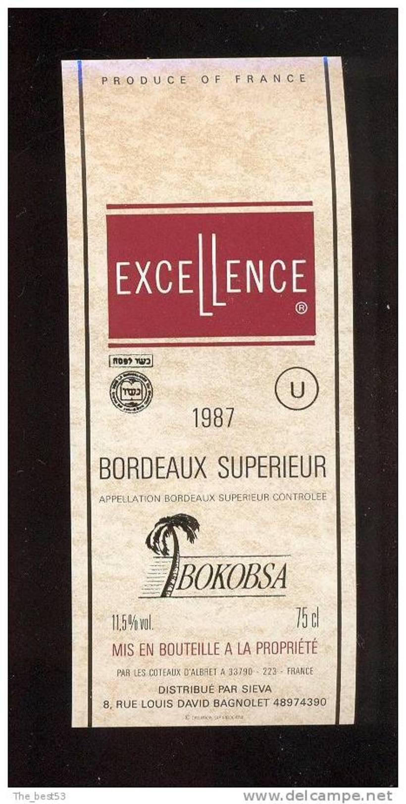 Etiquette De Vin Bordeaux Supérieur 1987 - Excellence - Cacher Bokobsa - Thème Religion - Religiöses