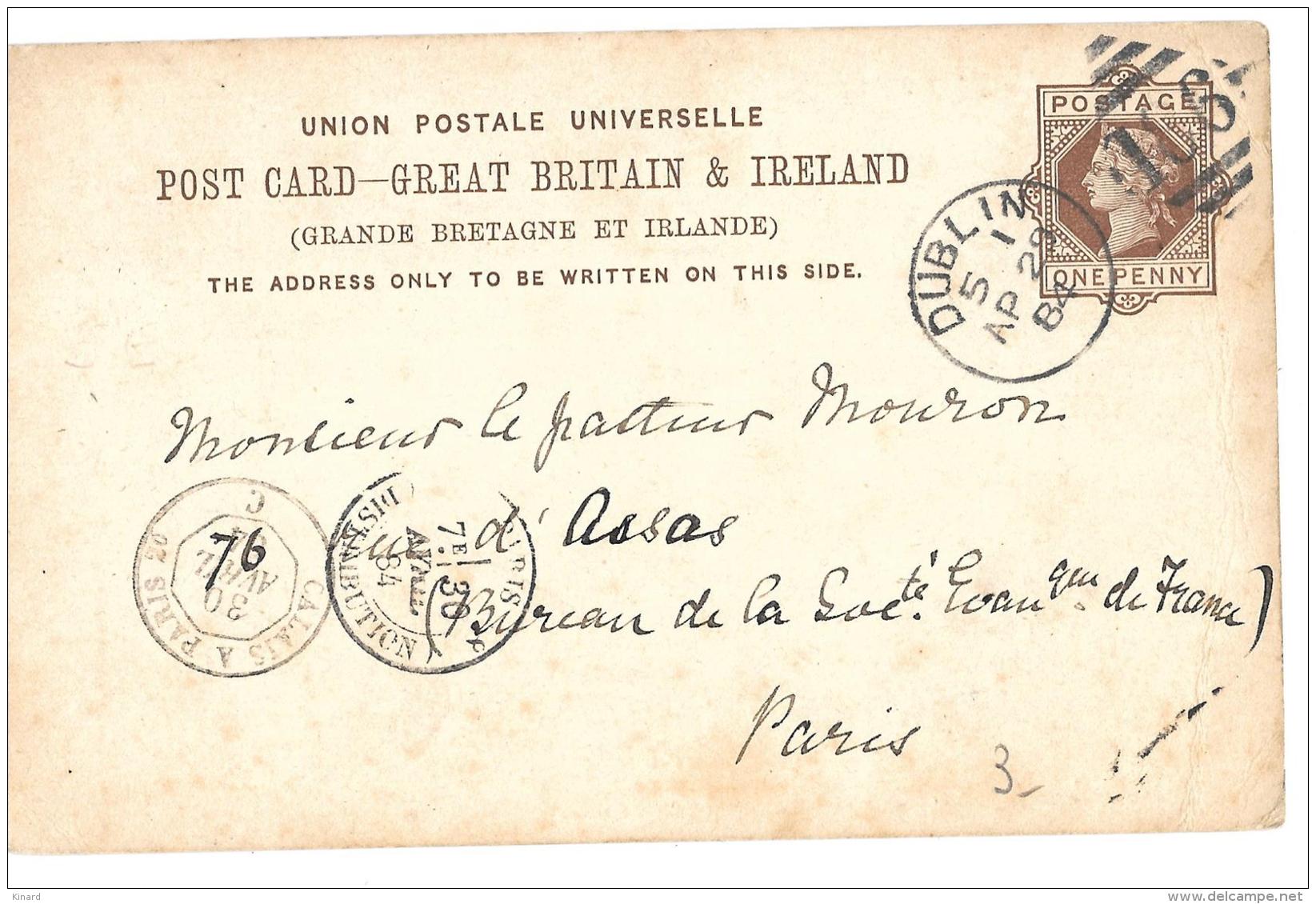 CPA   DE DUBLIN  186  POUR PARIS...  AMBULANT ..CALAIS/ PARIS 2° C...TBE ..1884. ....VOIR LE SCAN - Briefe U. Dokumente