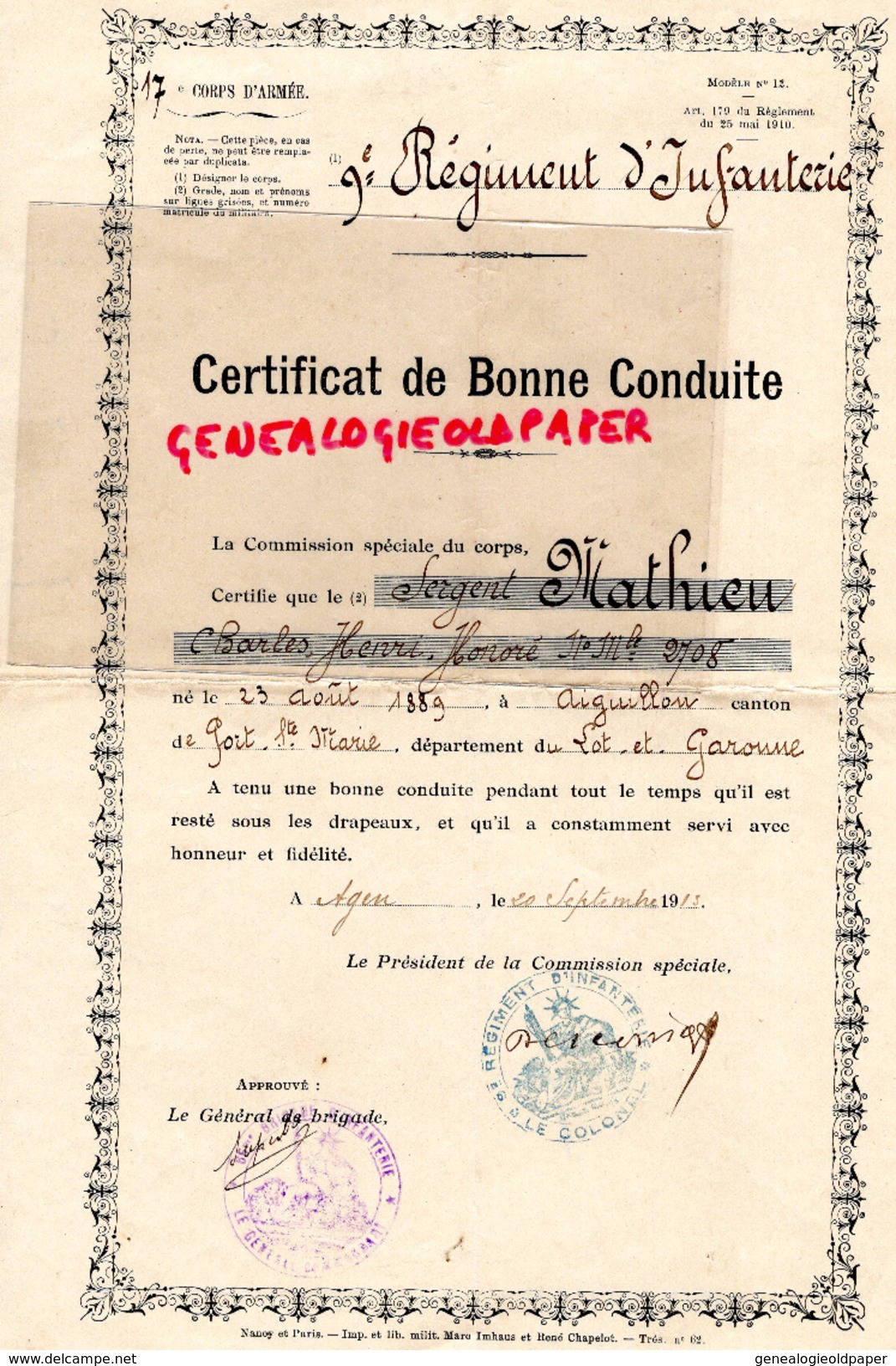 47 -AGEN-CERTIFICAT BONNE CONDUITE 17 E CORPS ARMEE - 9 E R.I. CHARLES MATHIEU SERGENT-1915 - AIGUILLON-GUERRE 1914-1918 - Historical Documents