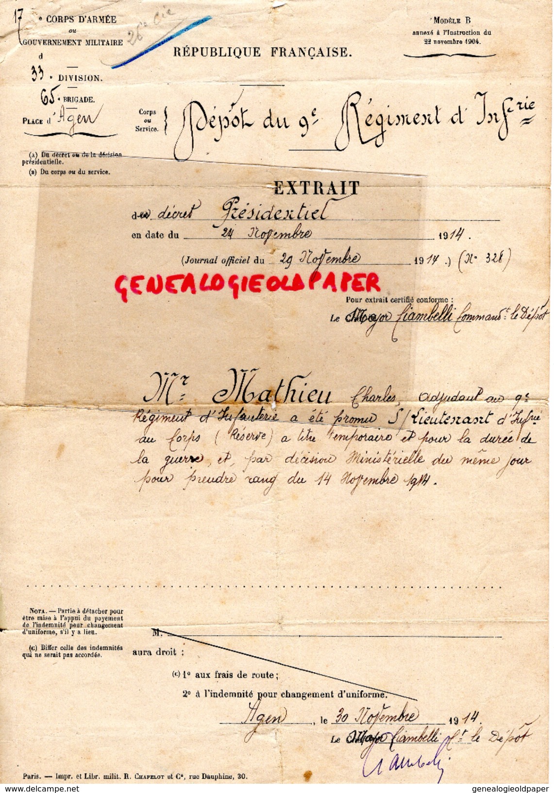 47 - AGEN- EXTRAIT DECRET PRESIDENTIEL-CHARLES MATHIEU ADJUDANT 9E RI- NOMME SOUS LIEUTENANT- AIGUILLON-GUERRE 1914-1918 - Historical Documents