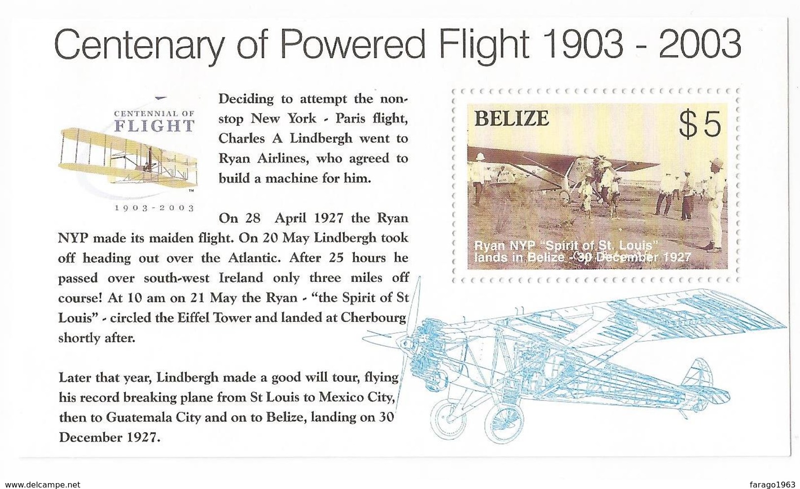 2003 Belize Powered Flight Centenary Aviation Airplanes Complete Set Of 4 + Souvenir Sheet   MNH - Belize (1973-...)