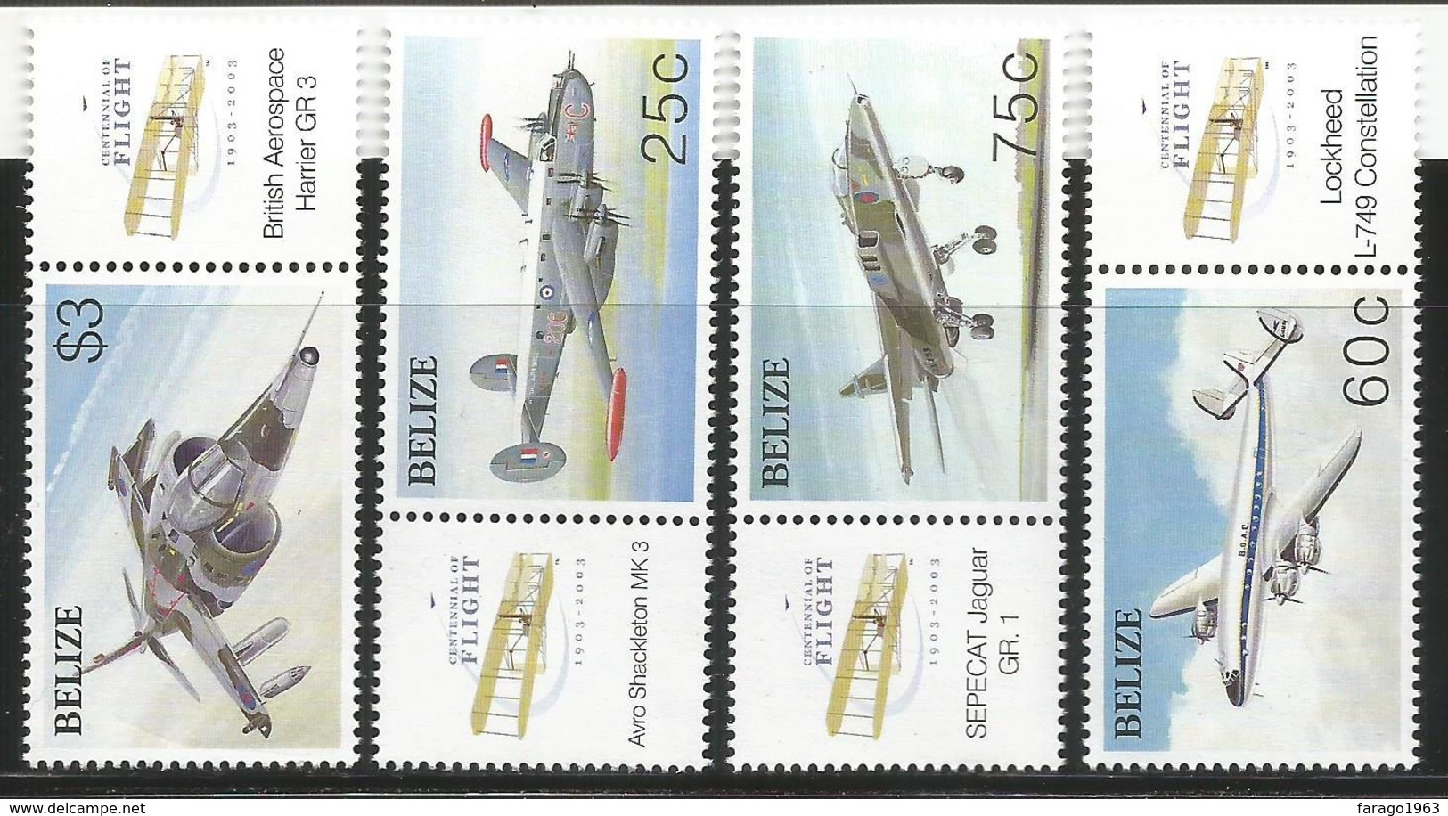 2003 Belize Powered Flight Centenary Aviation Airplanes Complete Set Of 4 + Souvenir Sheet   MNH - Belize (1973-...)