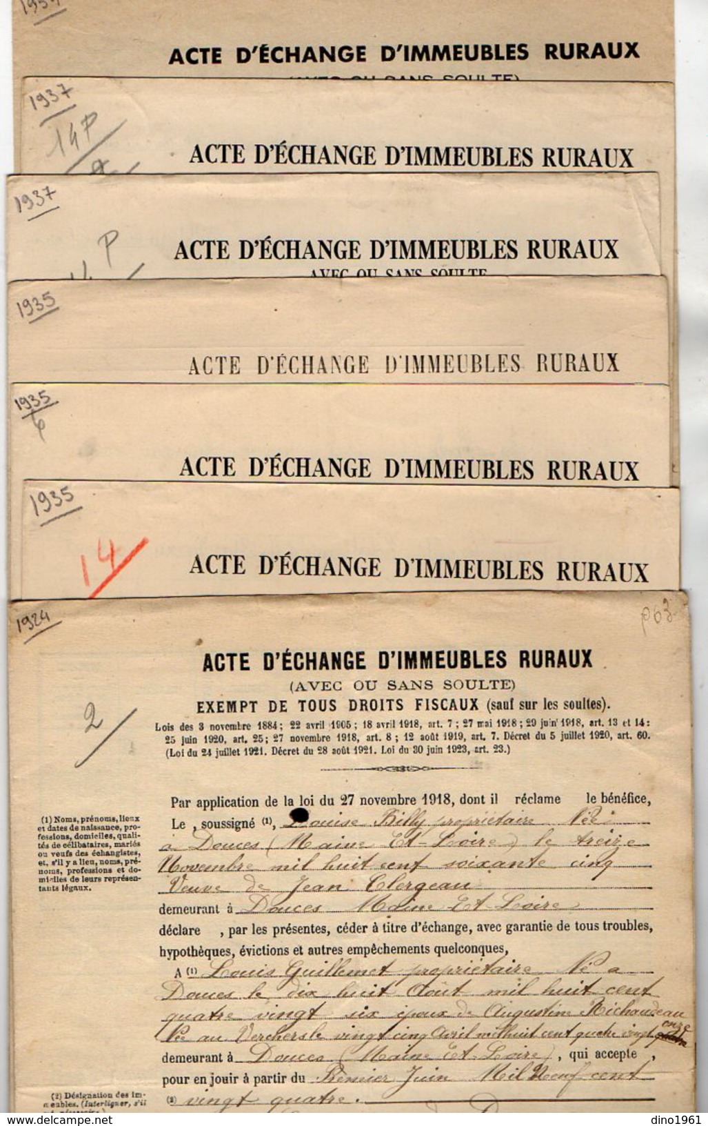 VP10.176 - DOUE LA FONTAINE - 7 Actes De 1924 A 1954 - Actes D'Echange D'Immeubles Ruraux Situés à DOUCES - Colecciones