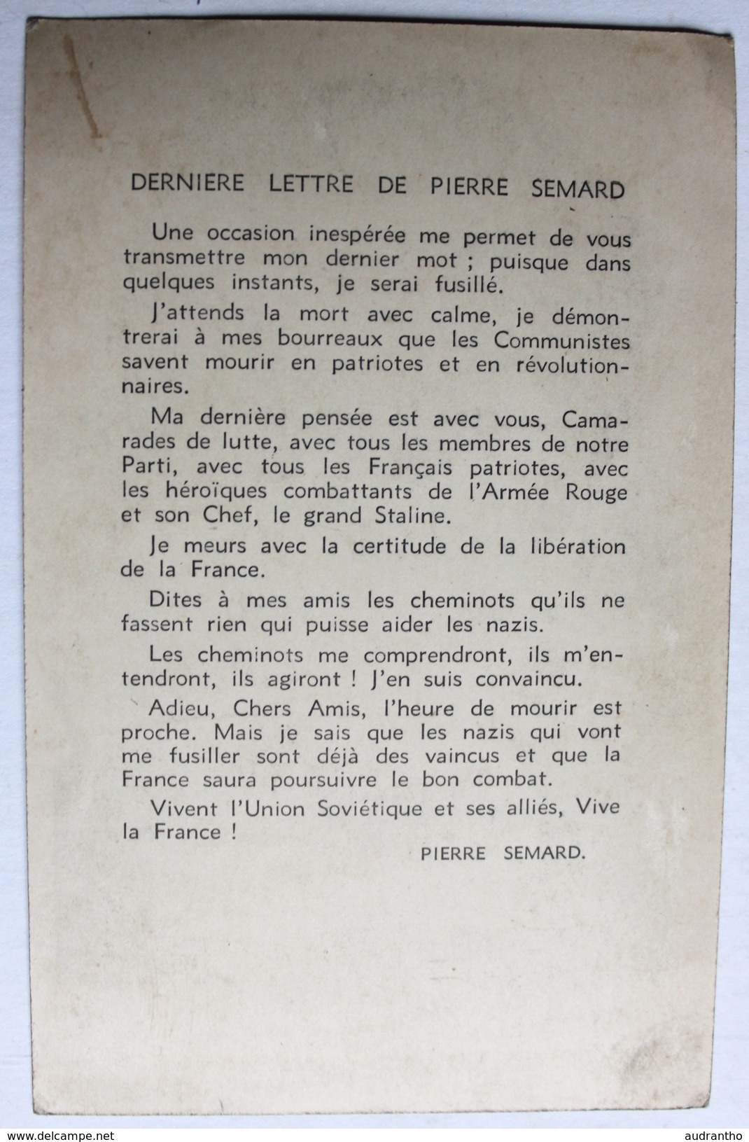 CPA Guerre WWII Résistant Pierre Semard Secrétaire Générale Fédération Cheminots Fusillé 1942 Parti Communiste - Oorlog 1939-45