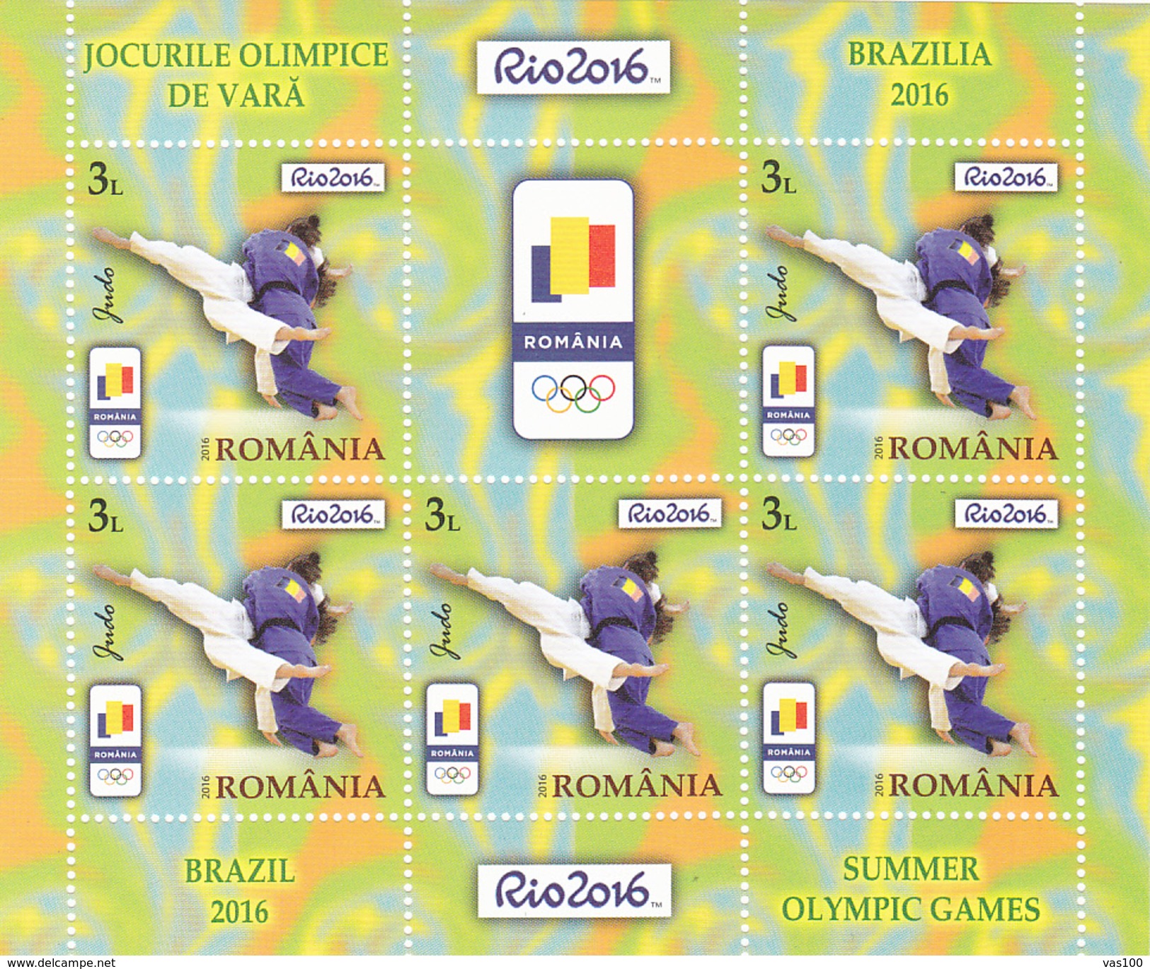 JUDO,MINISHEET 5 STAMPS + LABELS,SUMER OLYMPIC GAMES BRAZIL 2016  MNH ROMANIA. - Judo