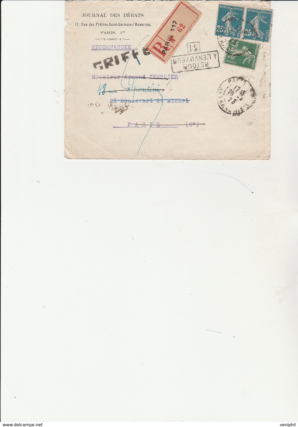 1923LETTRE RECOMMANDEE AFFRANCHIE A 60 C N° 140 X 2 + N° 159  CAD PARIS + DIVERS  ANNEE 1923 - 1921-1960: Modern Period