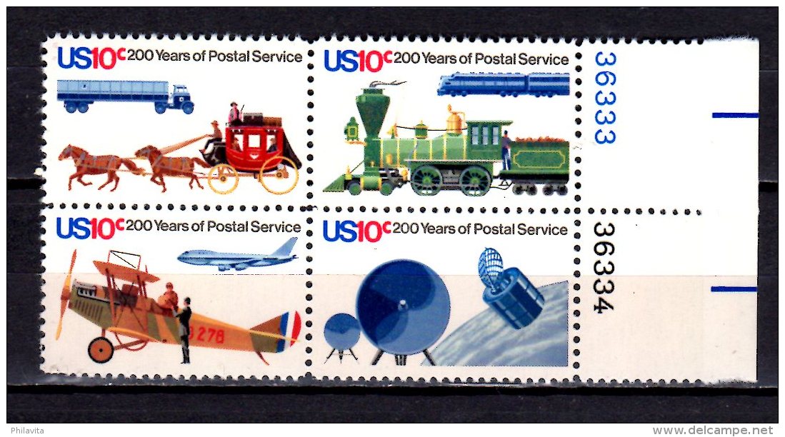 1975 USA -200 Years Of Post Service In USA - Coaches, Trains, Boing 747, Satelite - Block Of 4 Numbe- Paper - MNH** Hj16 - Unused Stamps