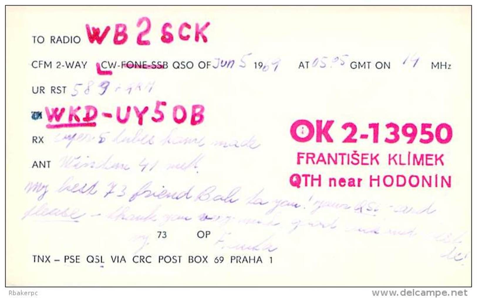 Amateur Radio Contact SWL Card - OK2-13950 In Czech - 1969 - 2 Scans - Radio Amateur