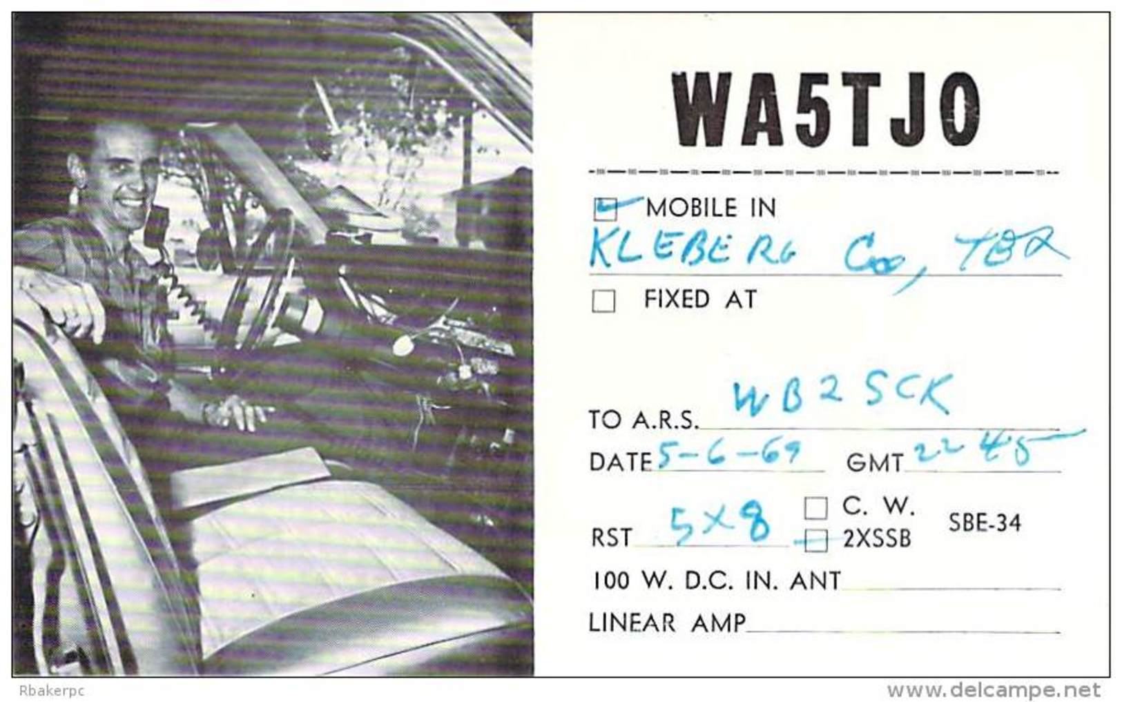 Amateur Radio QSL - WA5TJO Mobile In Kleberg County TX -USA- 1969 - 2 Scans - Radio Amateur