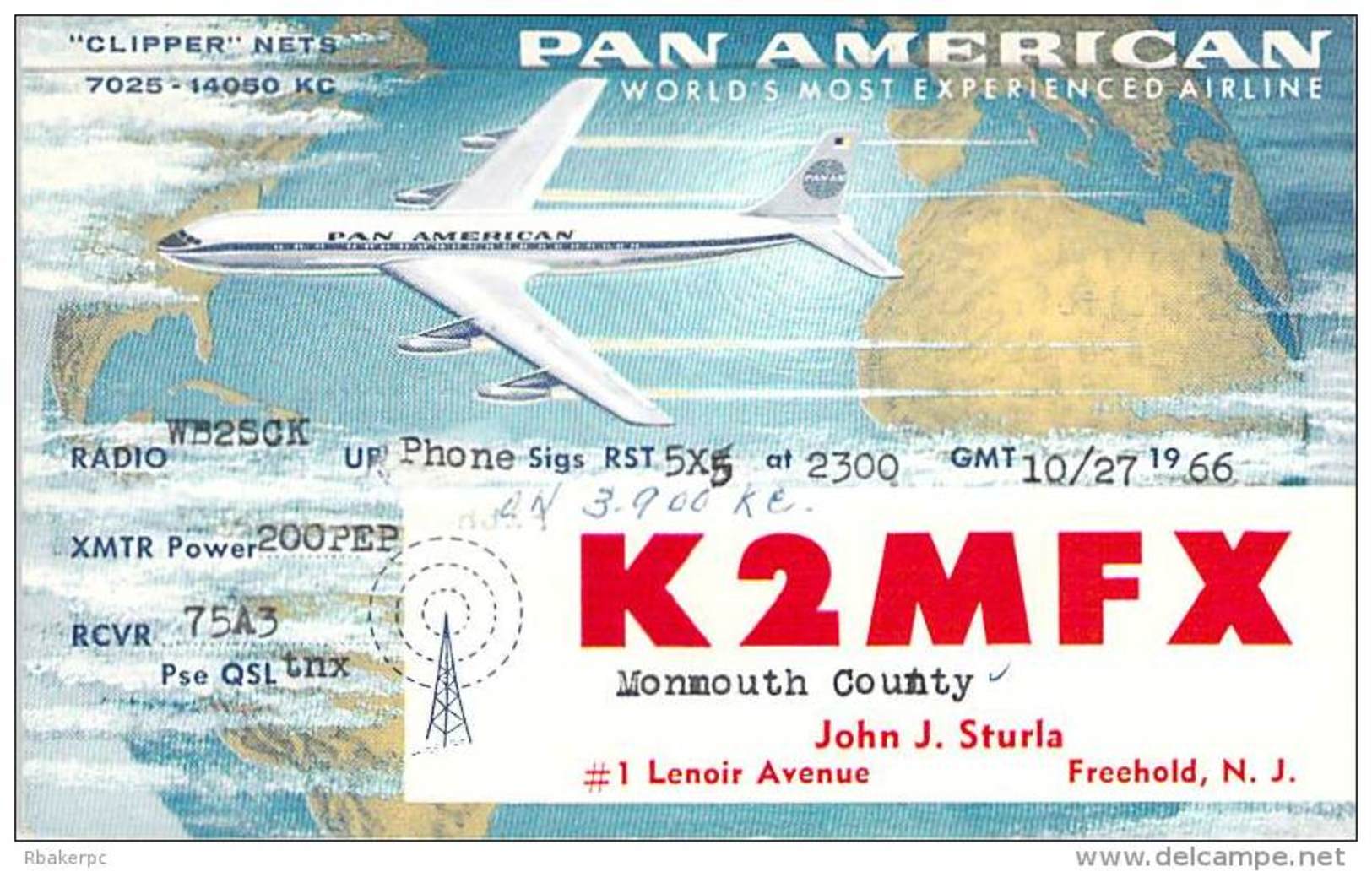 Amateur Radio QSL - K2MFX - Freehold, NJ -USA- 1966 - 2 Scans - Radio Amateur