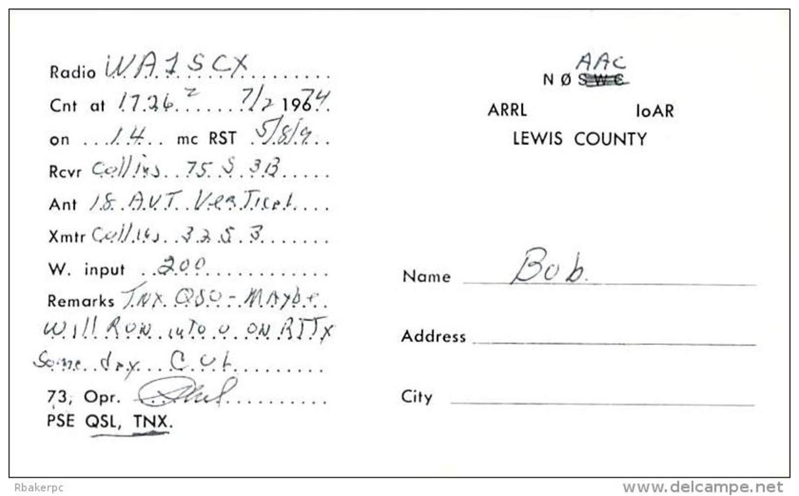 Amateur Radio QSL - WA2NDC - Lowville, NY -USA- 1974 - 2 Scans - Radio Amateur
