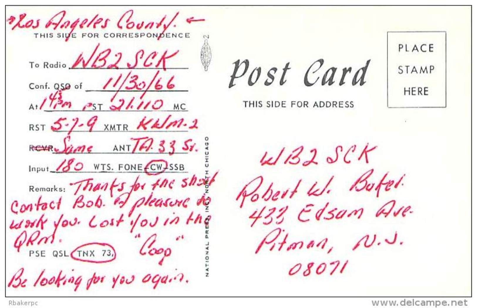 Amateur Radio QSL- WA6TLT - Pacoima, CA -USA- 1966 - 2 Scans - Radio Amateur