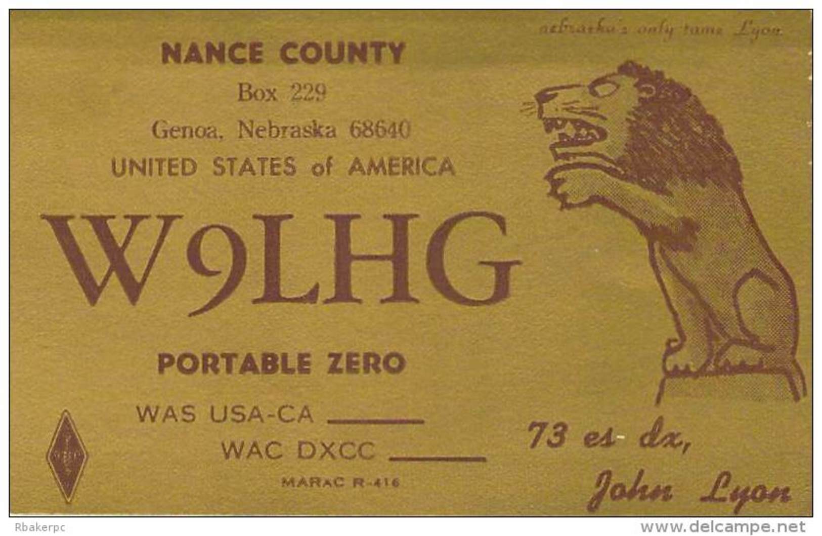 Amateur Radio QSL - W9LHG - Genoa, NE -USA- 1974 - 2 Scans - Radio Amateur