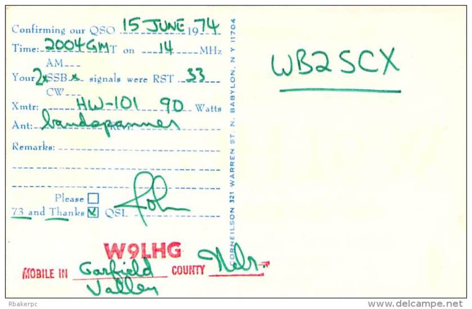 Amateur Radio QSL - W9LHG - Genoa, NE -USA- 1974 - 2 Scans - Radio Amateur