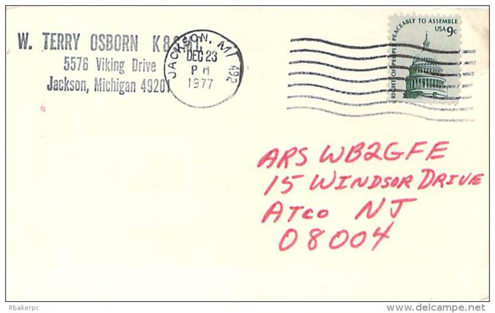 Amateur Radio QSL - K8SMC - Jackson, MI -USA- 1977 - 2 Scans - Radio Amateur